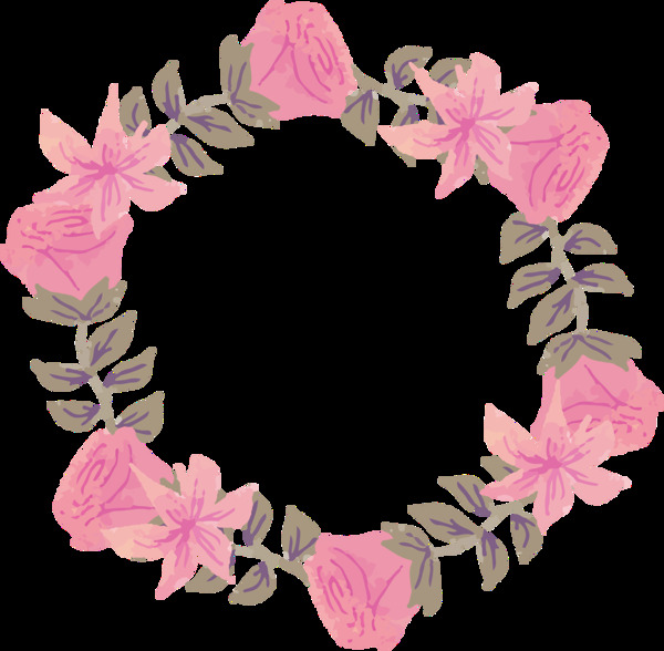 清新深粉色水彩手绘花环装饰元素