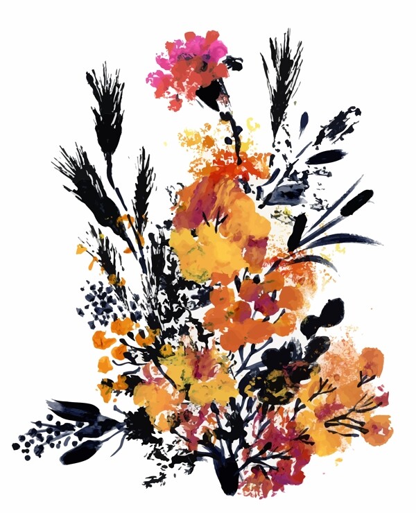 毛笔手绘植物花朵水彩手绘矢量文件