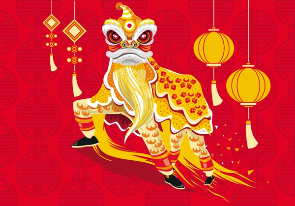 矢量插画中国传统舞狮节背景