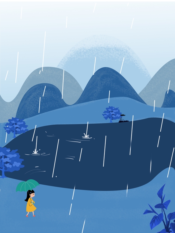 蓝色雨中女孩背景素材