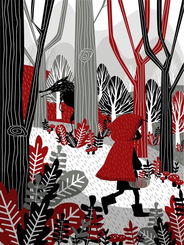 红头巾小女孩在森林里散步
