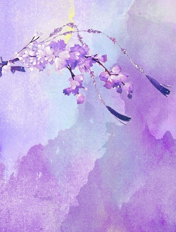 紫色古风手绘花枝简约装饰画