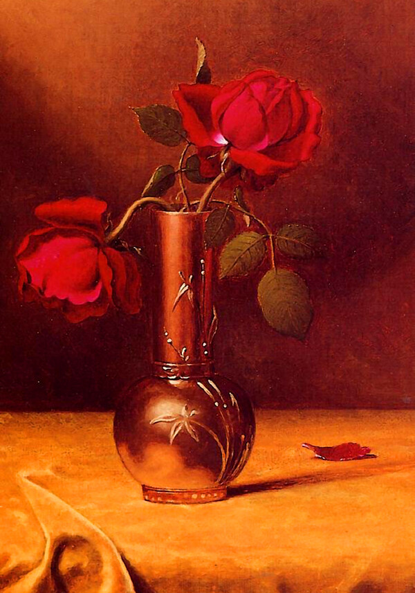 油画青铜花瓶里的红玫瑰图片