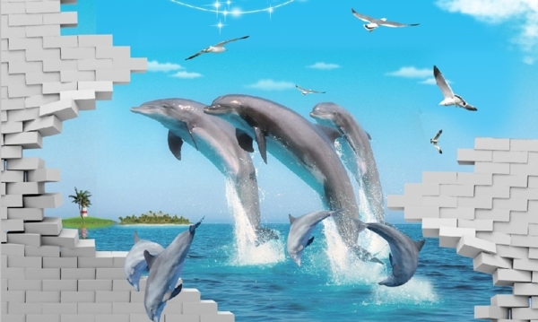 3D立体假墙面海豚背景墙图片