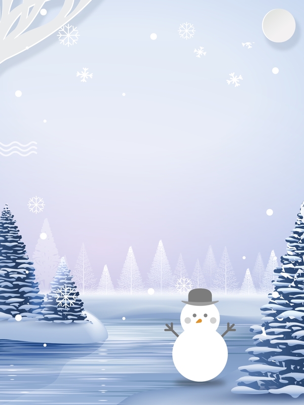 唯美手绘冬季雪景美丽雪景插画背景
