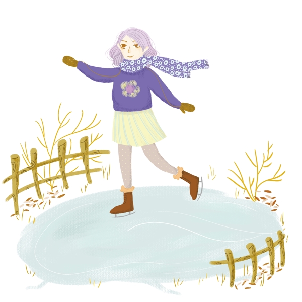 冬季冬天节气冬装卡通紫衣可爱小姑娘插画