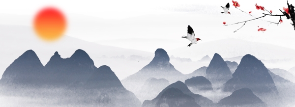 唯美中国风水墨山水飞鸟活动背景