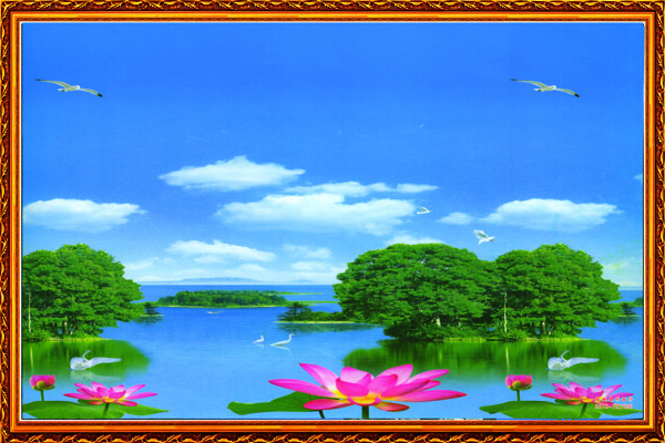 湖畔风情风景画