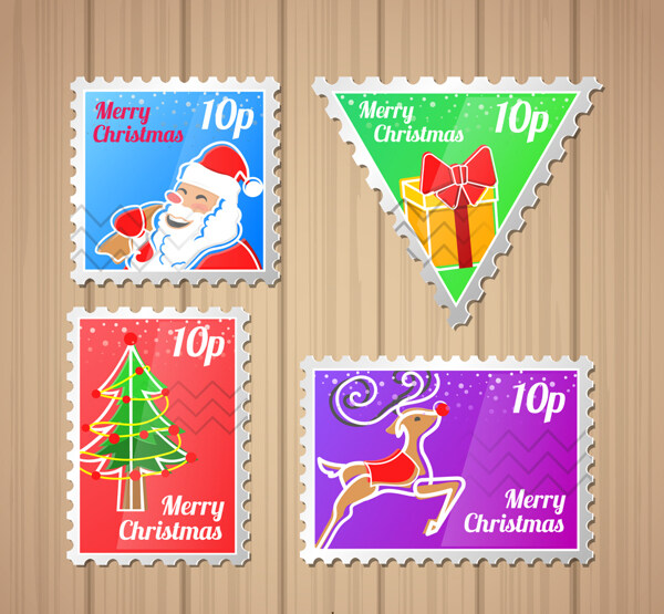 4款彩色圣诞节邮票矢量素材