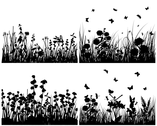草丛剪影和蝴蝶矢量图下载