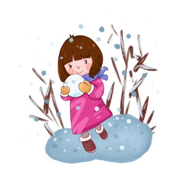 冬季滚雪球的小女孩