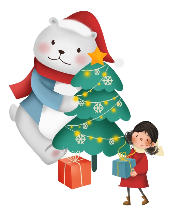 圣诞节圣诞树和小熊女孩