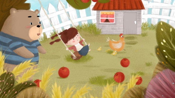 农家院子里荡秋千的小女孩卡通背景