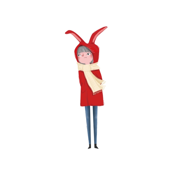 冬季穿红色连帽大衣了可爱卡通小女孩元素