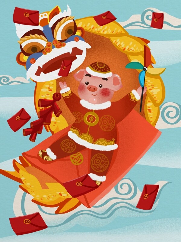 小猪拜年坐着红包在天上飞喜庆中国风插画
