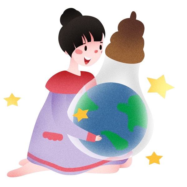 女孩抱地球灯泡插画