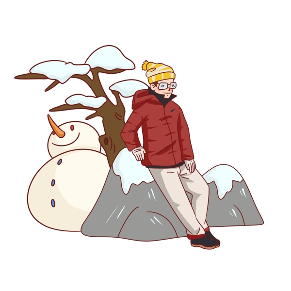手绘冬季旅游堆雪人人物插画