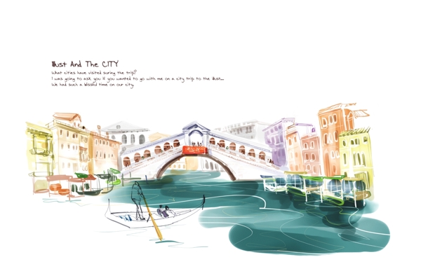 小城内河流上的拱桥插画