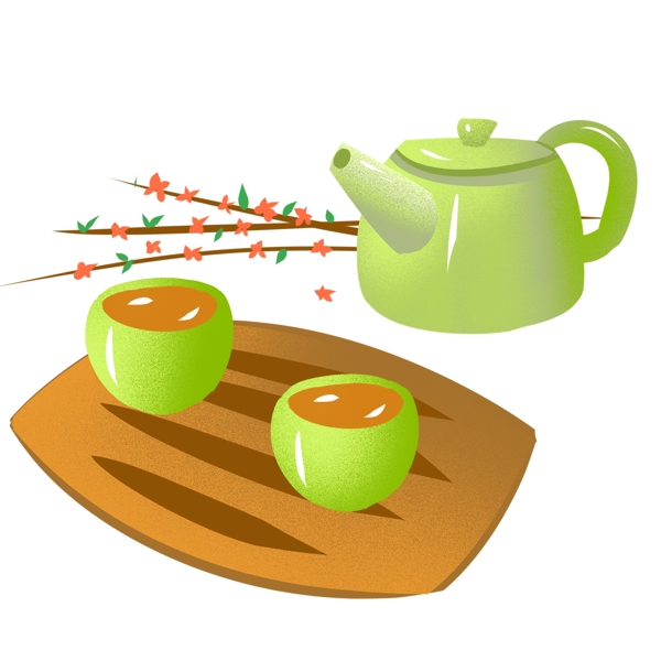 清明节绿色茶具手绘png免扣