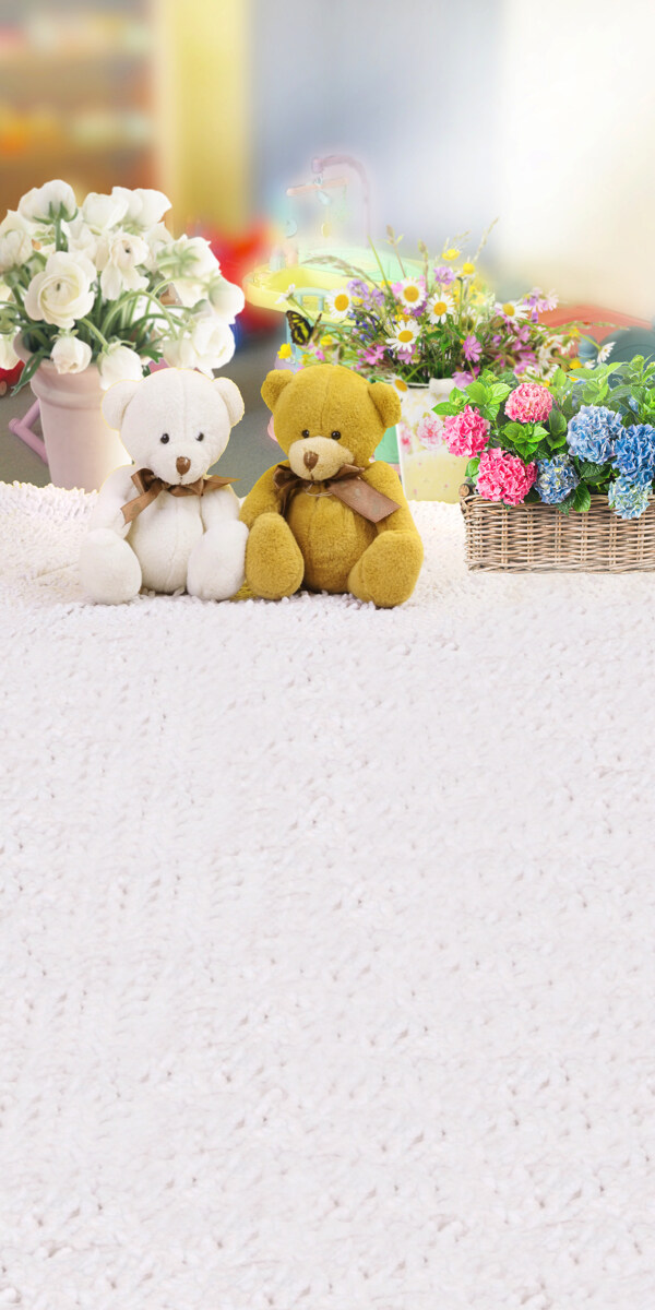 玩具熊与鲜花摆设影楼摄影背景图片