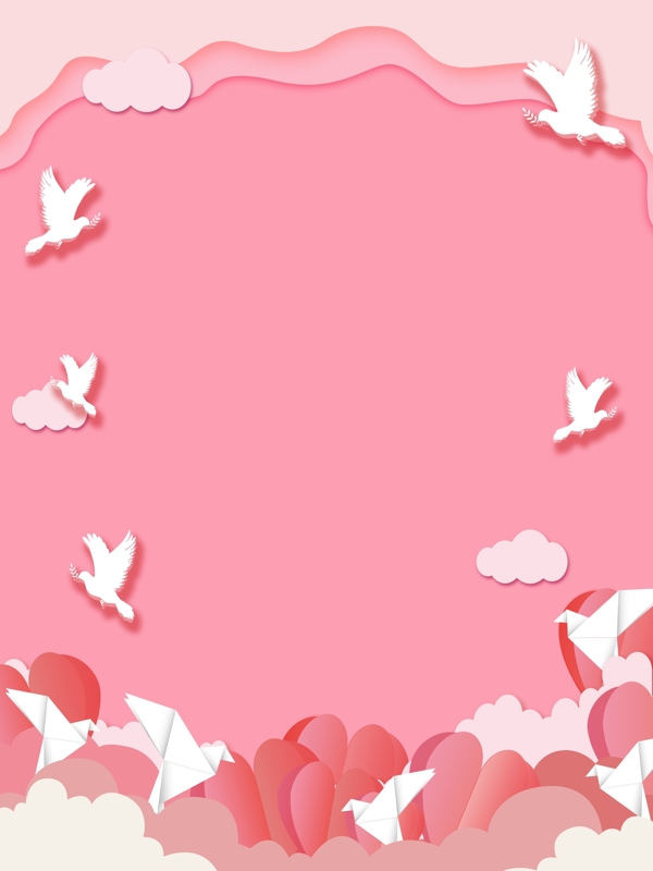 树林上空的白色鸽子粉色卡通背景