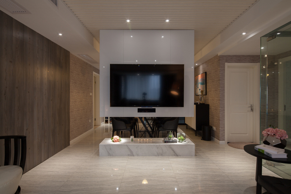 现代时尚客厅浅色瓷砖地板室内装修效果图