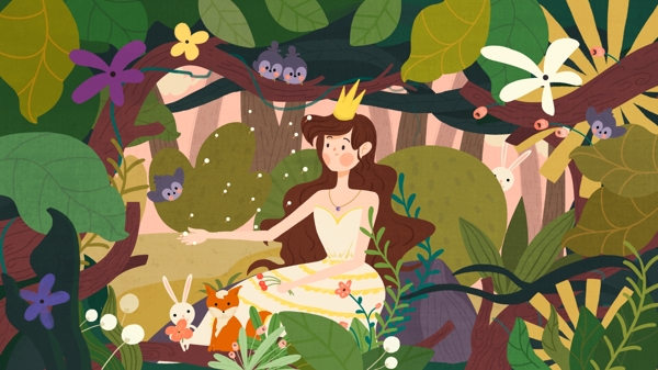 原创扁平风森林公主和小动物插画
