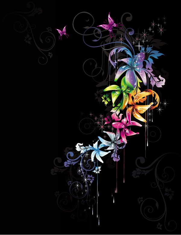 紫色蝴蝶和炫彩花朵藤蔓插画