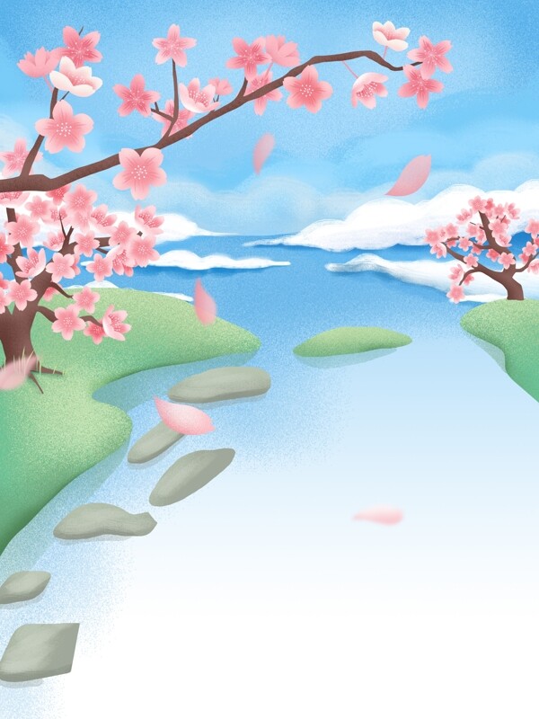 手绘清新河流上方的梅花背景素材