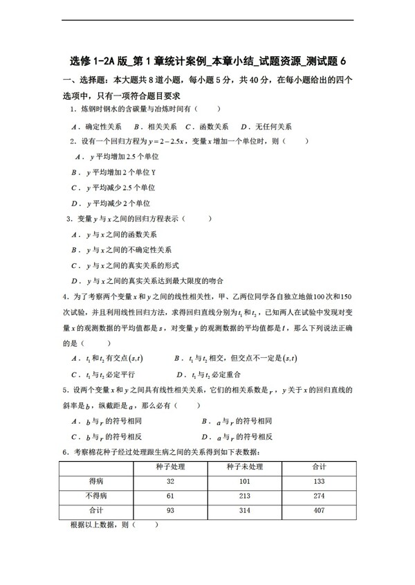 数学人教新课标A版选修12A版第1章统计案例本章小结试题资源测试题6.