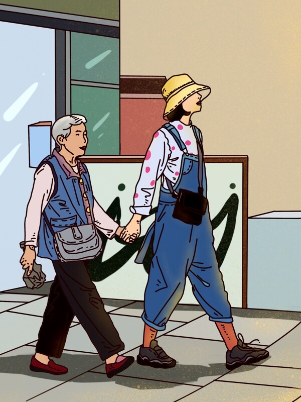 女孩与老人出行旅游商业插画PSD格式