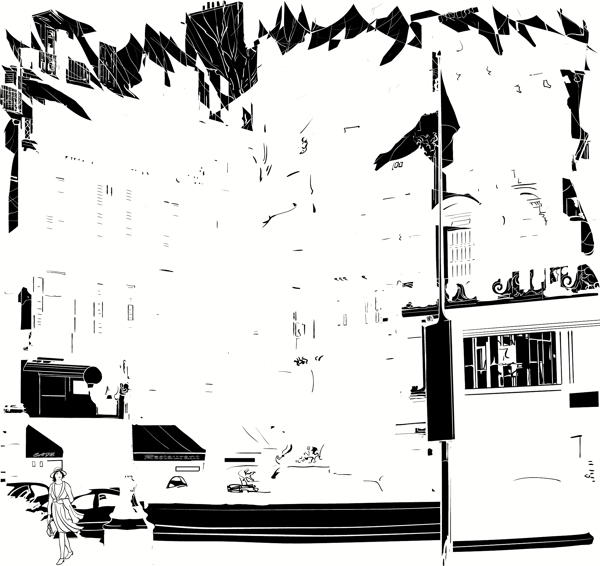 黑白手绘城市街景