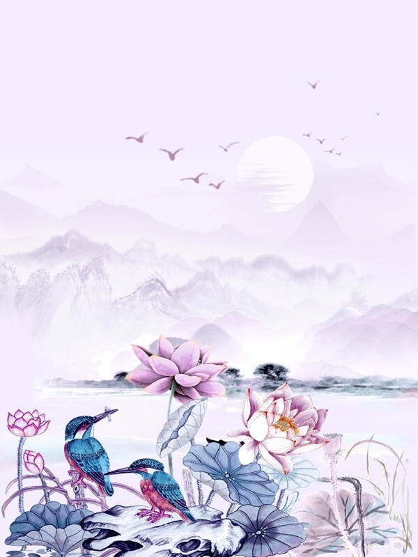 淡紫粉色中国风山水图案