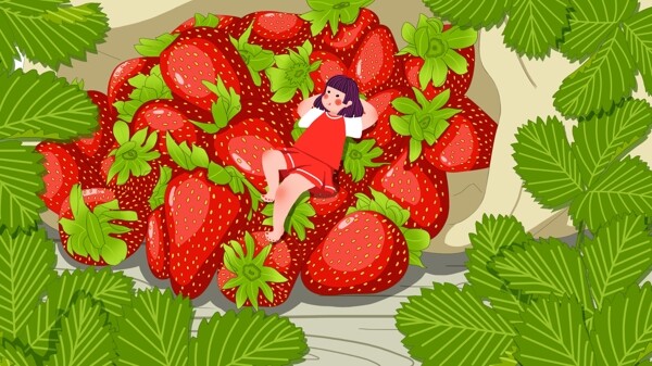 简约清新可爱夏季水果草莓小女孩插画