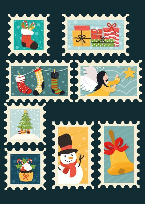 卡通图案的圣诞节邮票标签素材