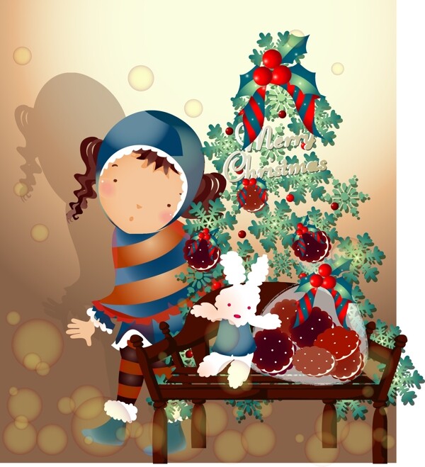 可爱小女孩与圣诞树图片