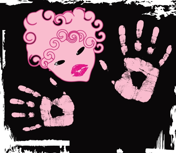 粉红色抽象女性头像与手掌印矢量素材