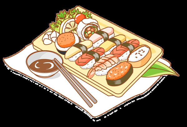 清新手绘日式寿司盘子料理美食