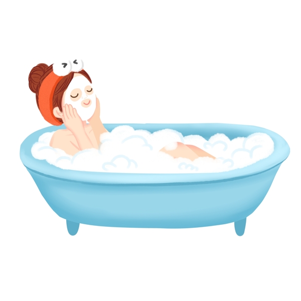 手绘卡通女孩躺在浴盆里原创元素