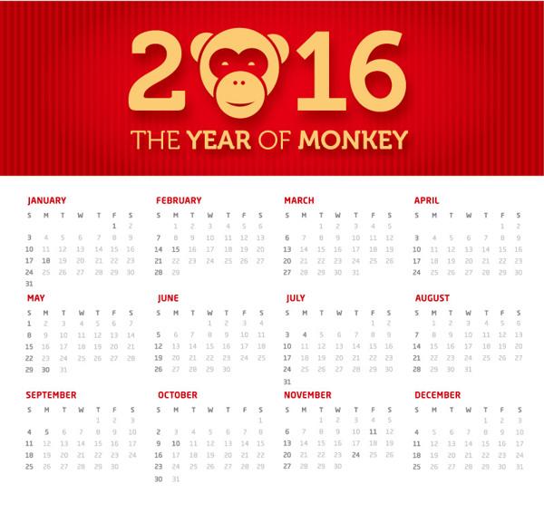 2016年猴年年历矢量图片
