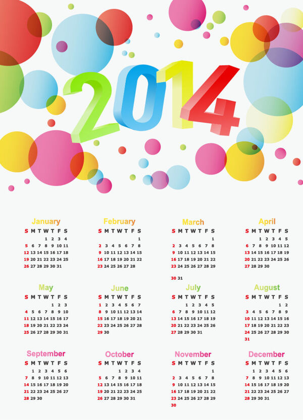 大胆的颜色的泡泡摘要2014日历