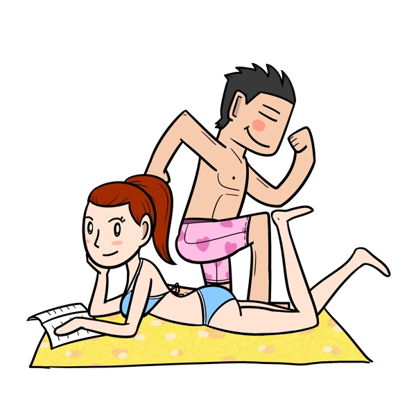 卡通夏季情侣在沙滩png透明底