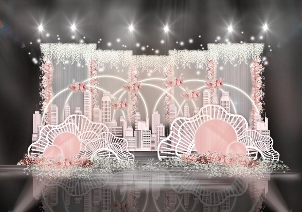 粉色多层次纱幔背景城市建筑雕塑婚礼效果图