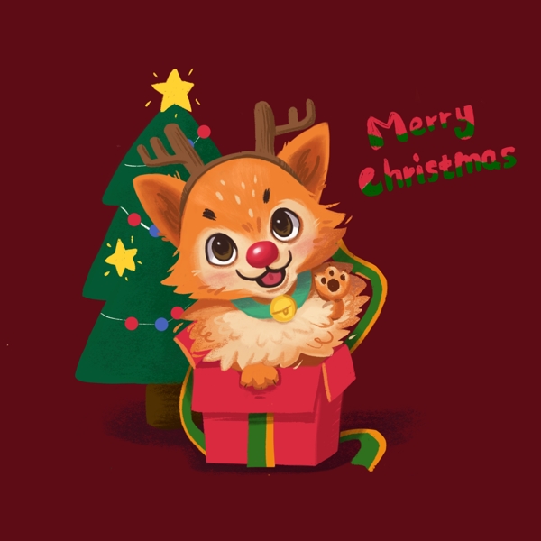 手绘卡通圣诞礼物狗狗和圣诞树