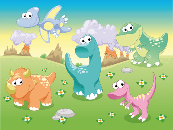 草地上的恐龙和小花图片