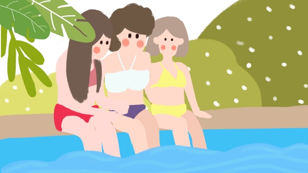 夏季狂欢会海边女孩游泳池小清新手绘配图