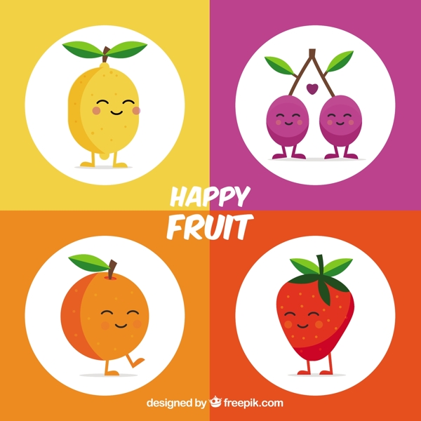 四个圆形背景水果人物表情图标