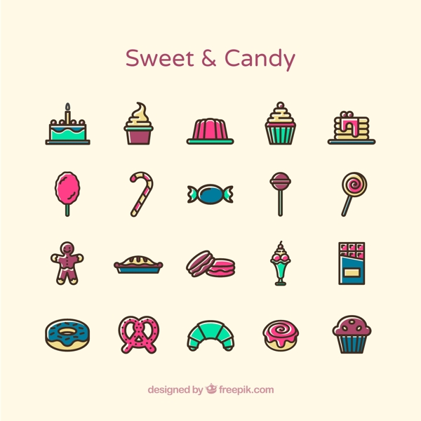 20款彩色甜食和糖果图标矢量素材