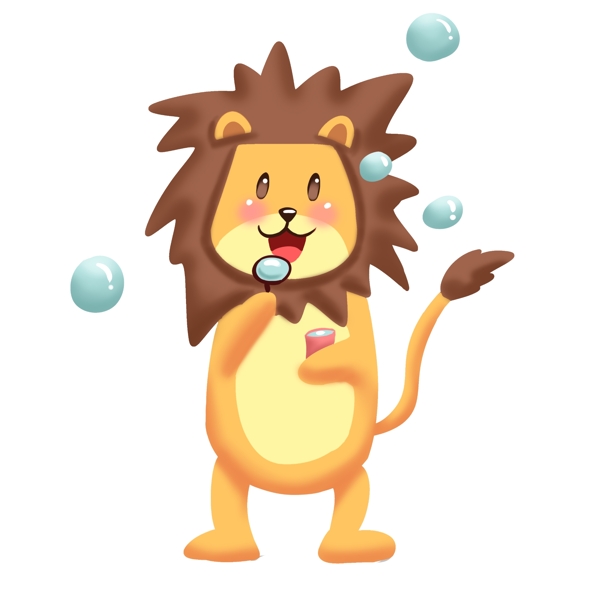 吹泡泡玩耍的小狮子插画