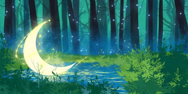 夜晚月亮森林插画合成背景素材